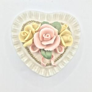 Porcelain Bisque Heart Trinket Box With Roses 2.5 “x 2.5” Excellent